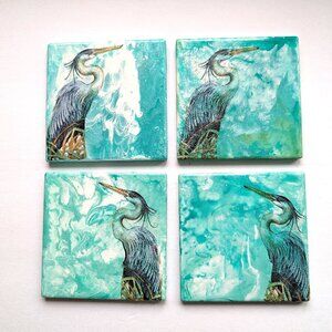 Crane/Heron Ceramic Coasters Handpainted+Decoupaged 4" Heat Resistant and Wtrprf